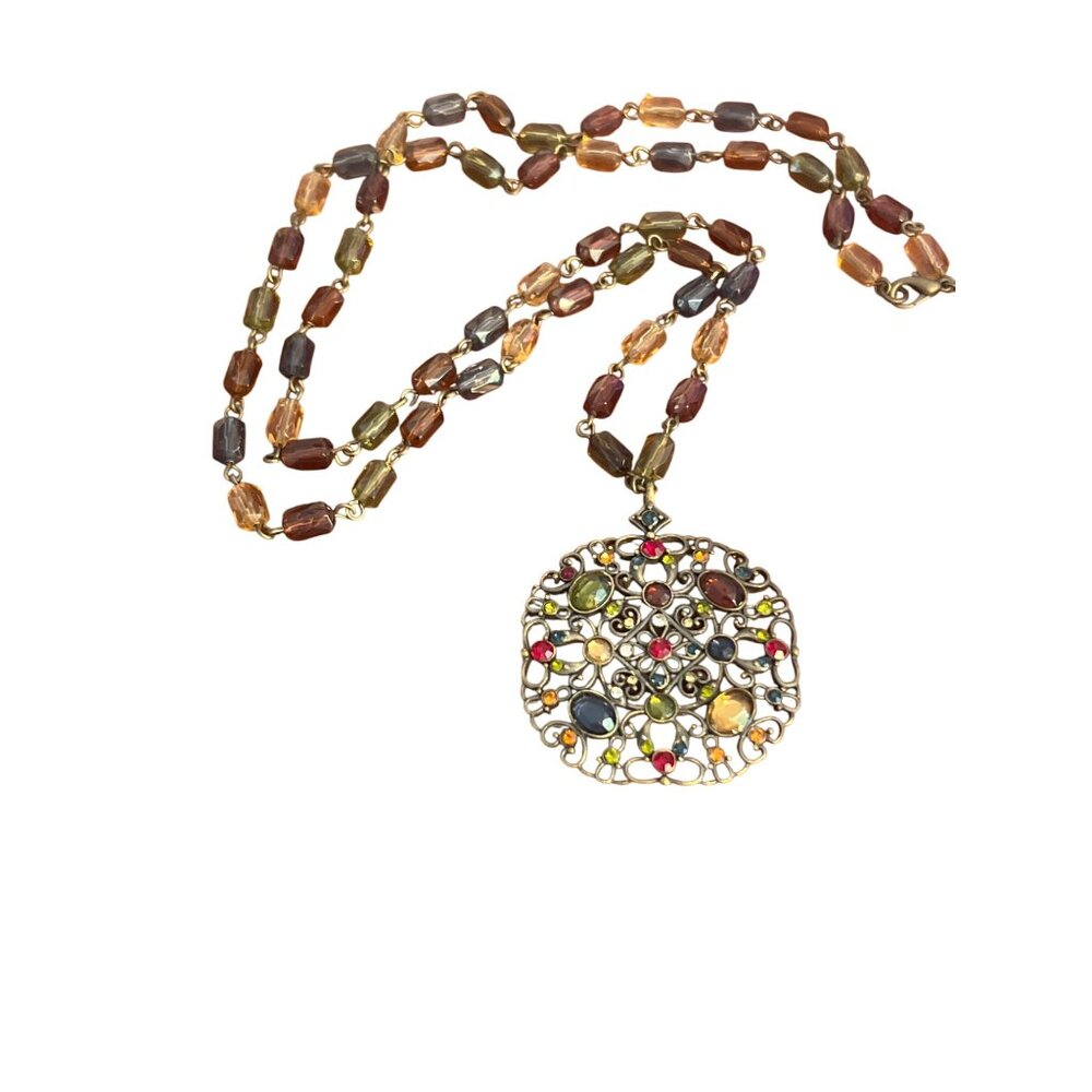 Vintage Liz Claiborne Necklace Antique Gold Filagree Pendant Acrylic Beads 32"
